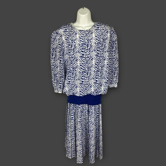 Vintage 80s Blue White Tiger Animal Print Secretary Dress Midi Oversized 12 L/XL - Picture 1 of 9